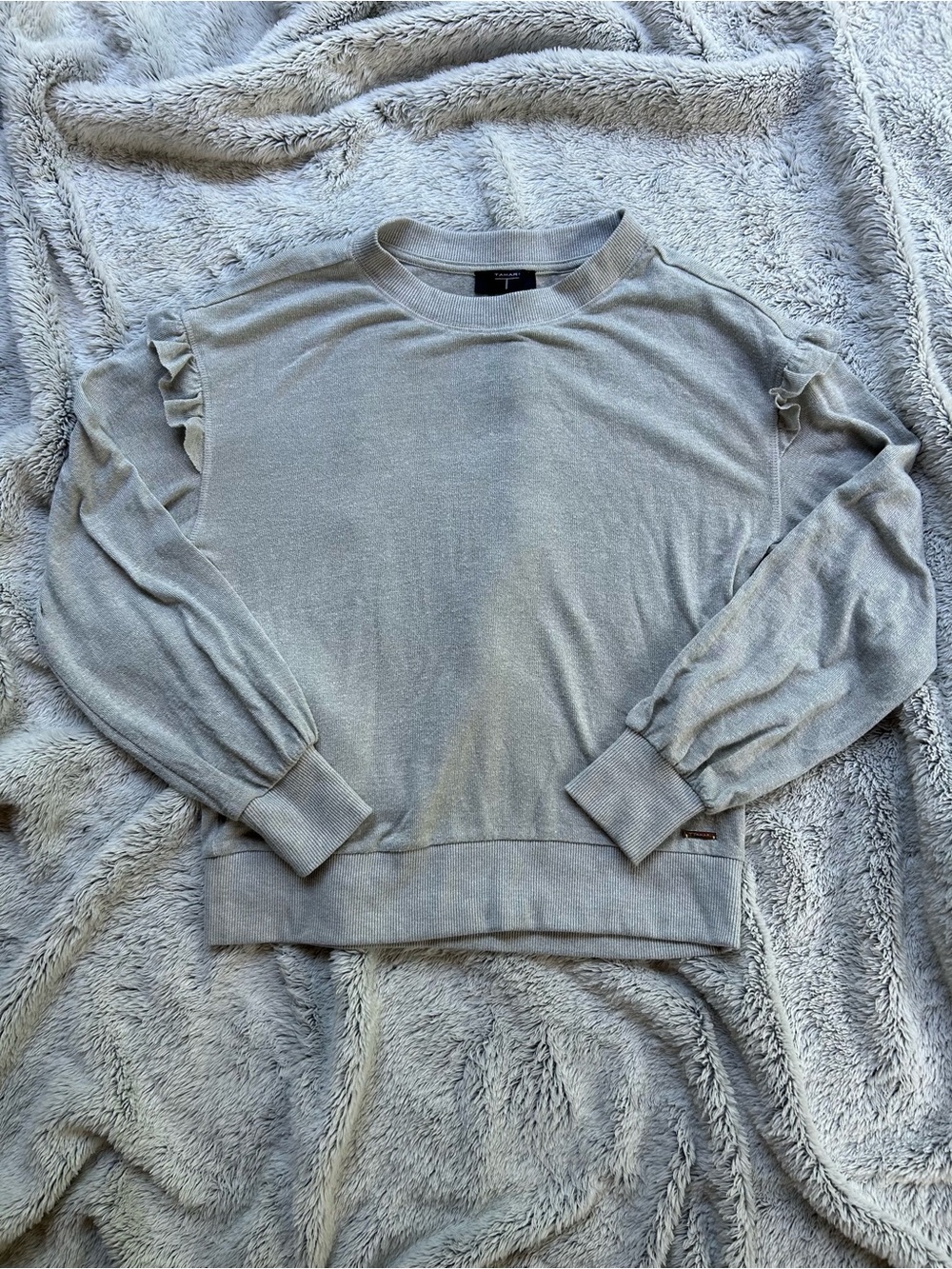Tahari Light Gray Ruffle-Shoulder Crewneck lightweight Sweater